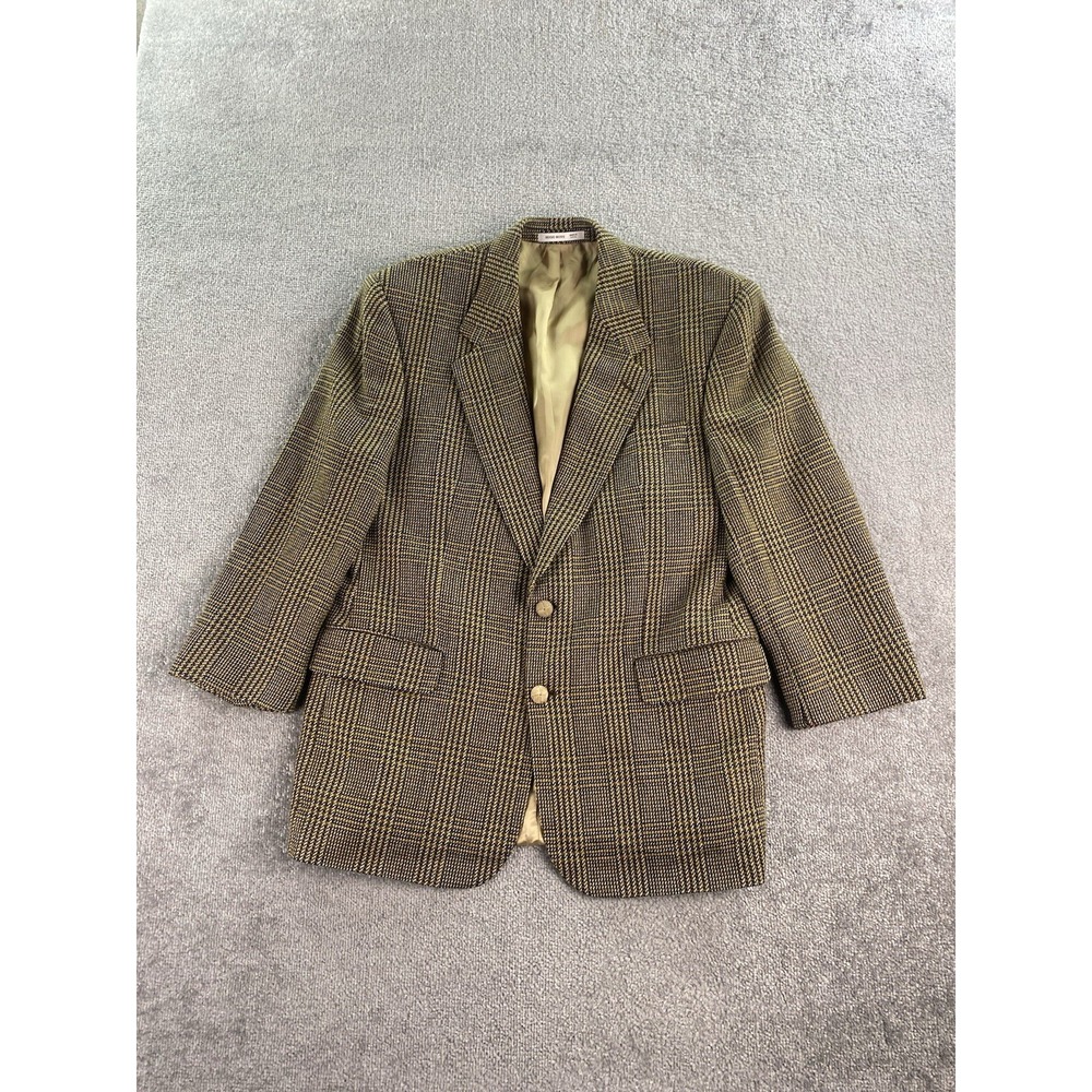Vintage Hugo Boss Suit Jacket 42 R Gold Wool Cashmere Glen Plaid Leather Buttons
